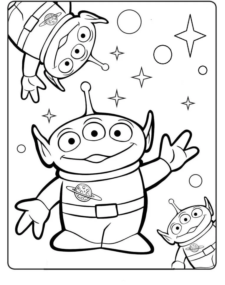 Toy Story: Homenzinhos Verdes para colorir em PDF. Três aliens sorrindo com estrelas e círculos ao fundo.