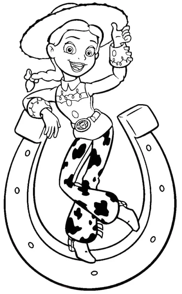 Jessie de Toy Story para colorir: Vaqueira com chapéu e roupa característica em frente a ferradura.
