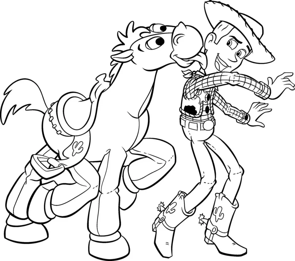 Desenho de Toy Story para colorir: Woody sendo lambido por Bala no Alvo.