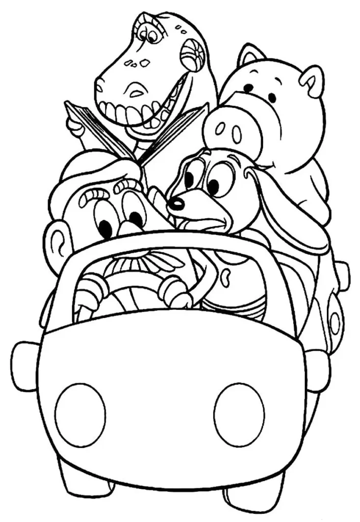 Woody e amigos em aventura de carro: Desenho de Toy Story para colorir