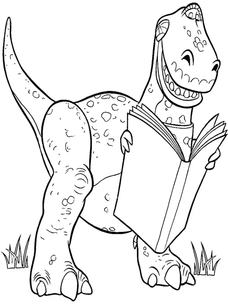 Rex de Toy Story lendo revista: desenho para colorir do dinossauro na grama