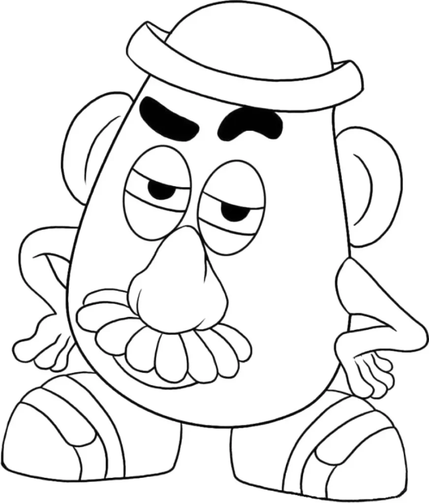 Desenho do Sr. Cabeça de Batata de Toy Story para colorir. Arte do personagem com chapéu, braços nos quadris e sapatos.