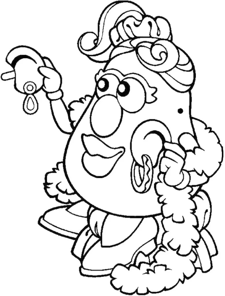 Sra. Cabeça de Batata de Toy Story para colorir: desenho com cocar, colar de plumas e brincos.