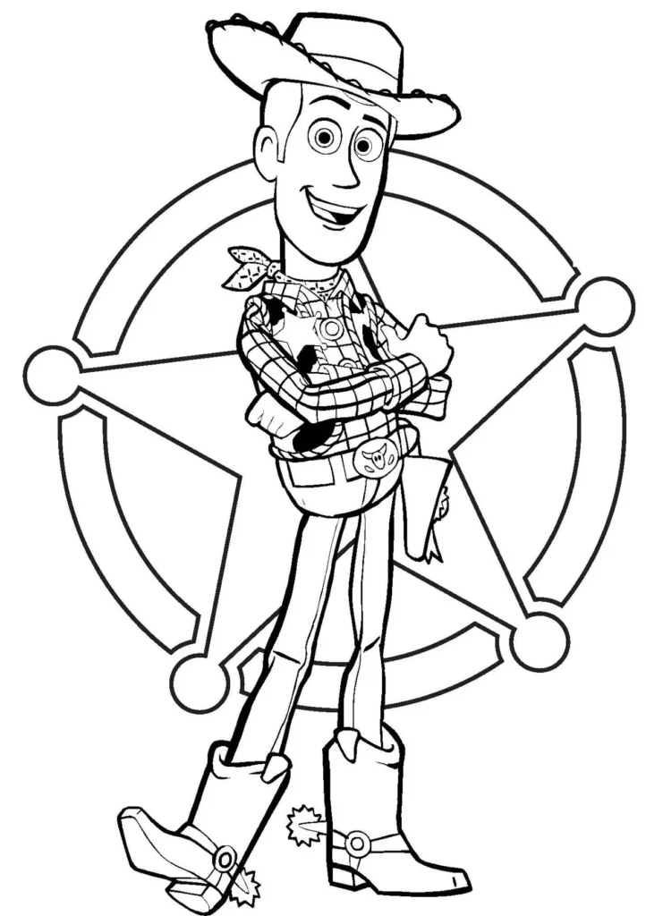 Woody do Toy Story para colorir em PDF. Desenho do xerife cowboy com chapéu, camisa xadrez e botas.