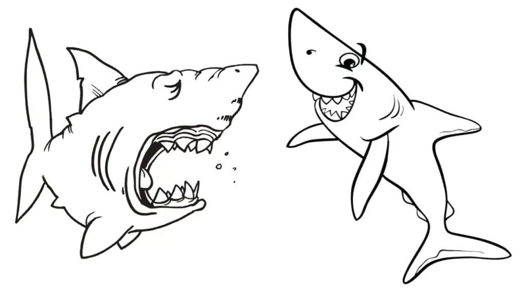 Desenho de dois tubarões para colorir: um sorrindo e outro com boca aberta.