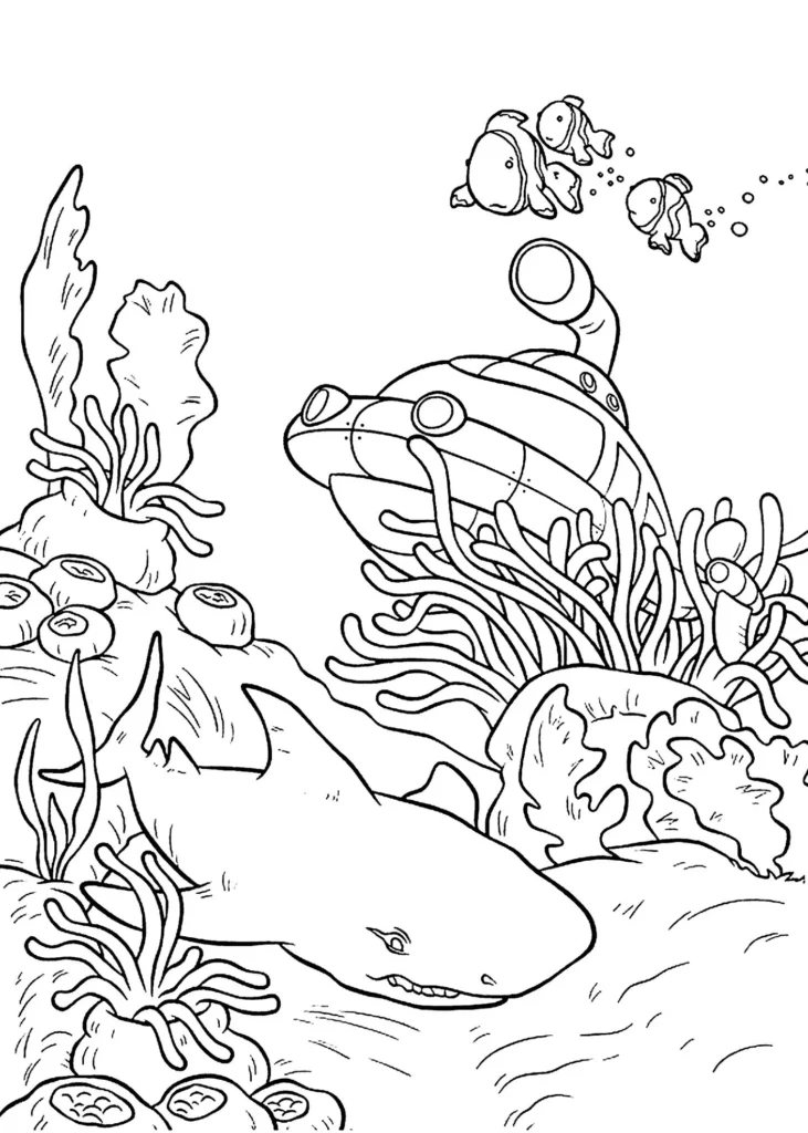 Tubarão nadando entre corais: desenho para colorir em PDF.