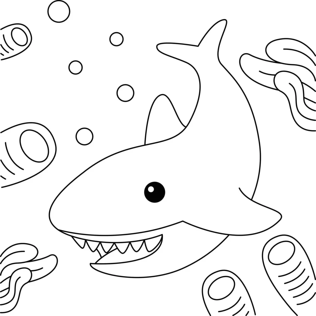 Tubarão sorridente em cena marinha para colorir. PDF disponível.