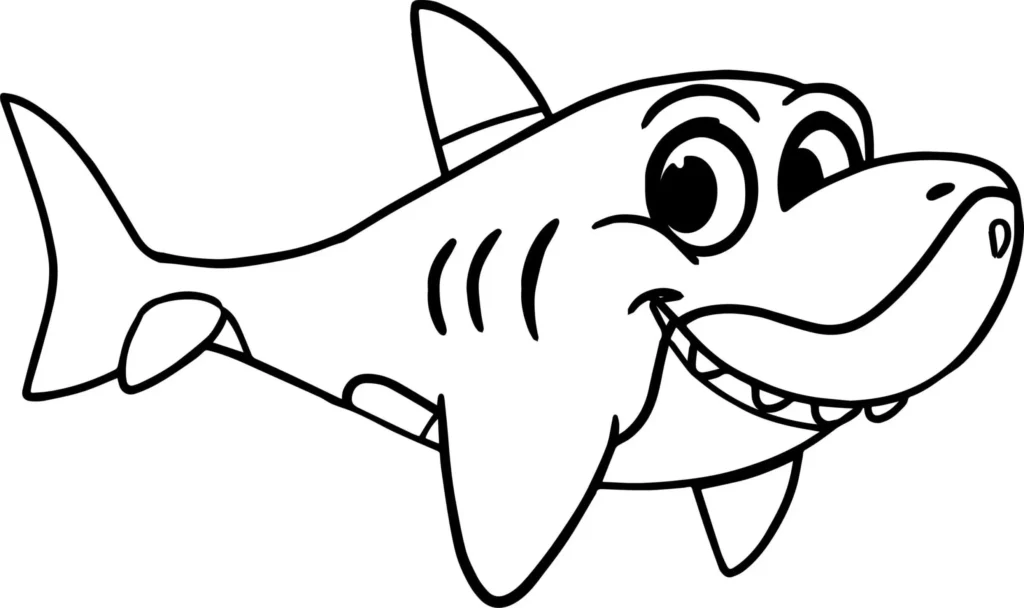 Tubarão amigável para colorir em PDF: Peixe Grande com sorriso e barbatanas.