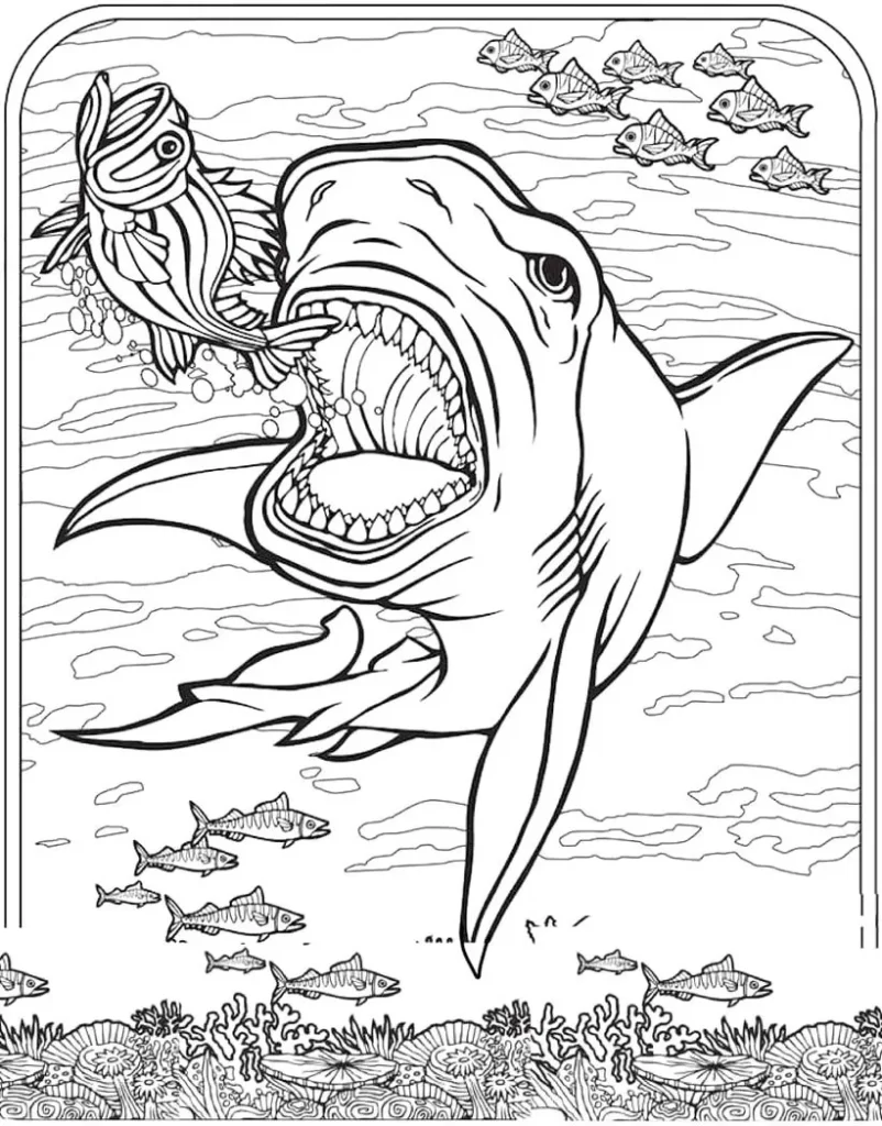 Tubarão faminto caçando peixes em recife de coral para colorir em PDF.
