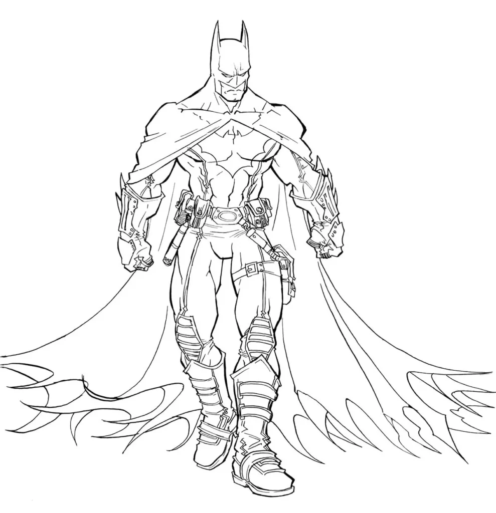Batman Armado para colorir em PDF: Desenho do Cavaleiro das Trevas em pose heroica.