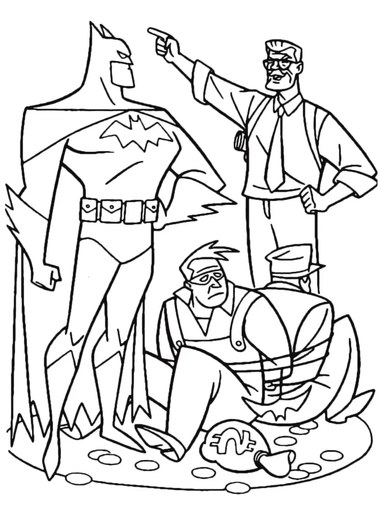 Batman e Comissário Gordon capturam criminosos com sacos de dinheiro, cena para colorir.
