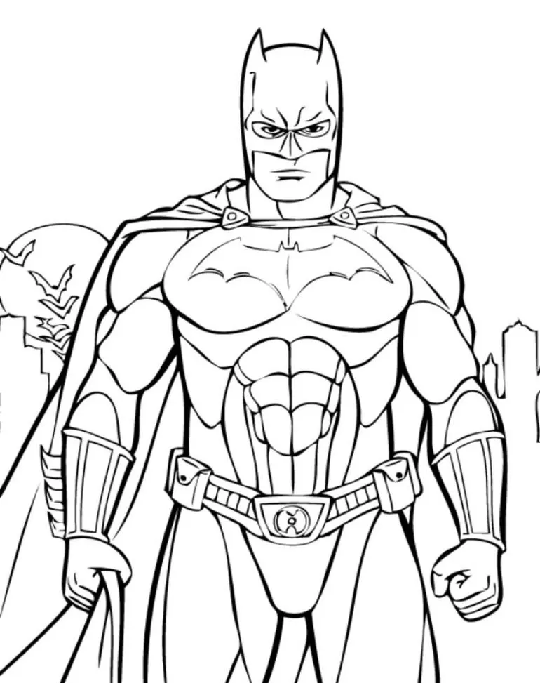Batman para colorir: desenho do herói com morcego e cidade ao fundo