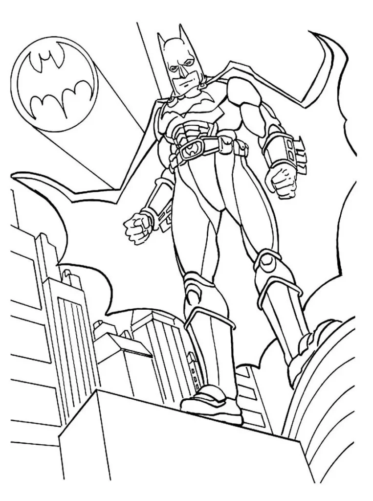 Batman imponente em cenário urbano para colorir: vigilante no topo de prédio com símbolo no céu.