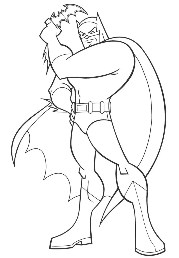 Batman para colorir: desenho em PDF do herói pronto para a ação com batarangue.