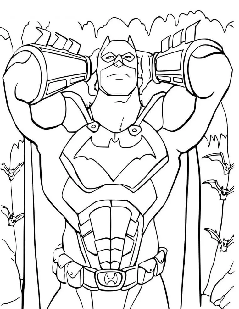 Batman para colorir: Herói relaxando com morcegos ao fundo, pronto para imprimir.