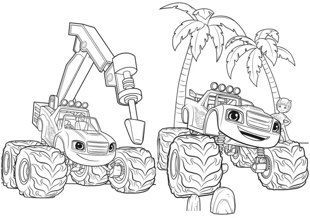 Blaze Monster Machine para colorir: caminhões e coqueiros em PDF