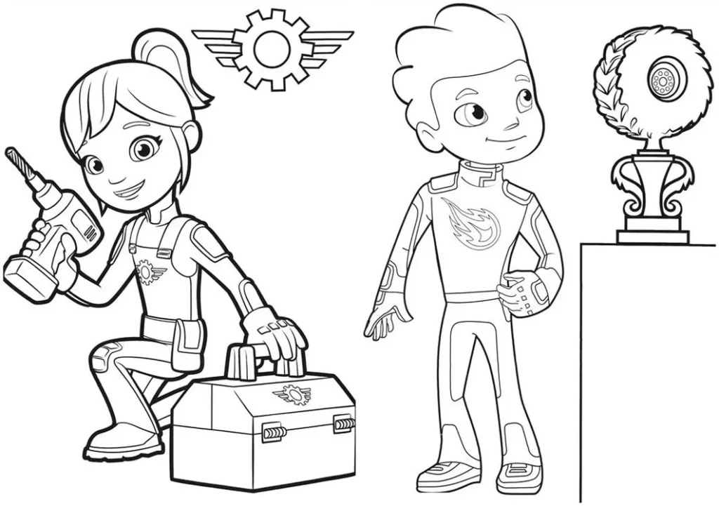 Equipe Blaze Monster Machine em desenho para colorir. Menina com ferramentas e menino com símbolo de chama junto a troféu de roda.