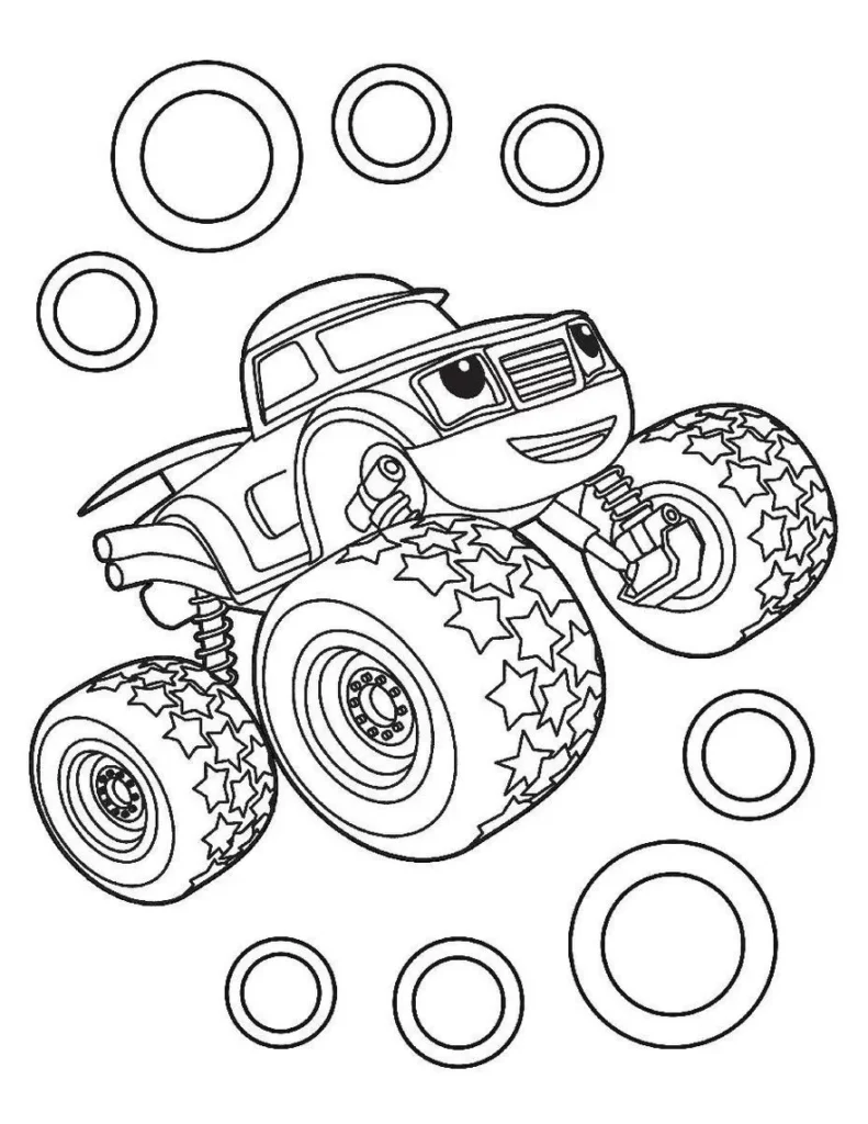 Blaze Monster Machine Rodas Estreladas para colorir em PDF: monster truck sorrindo com pneus de estrelas.