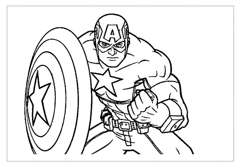 Capitão América para colorir: Desenho em pose de ação com escudo