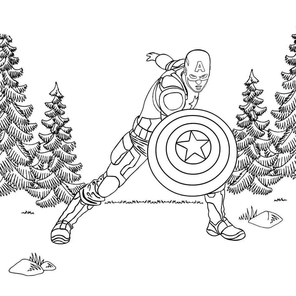 Capitão América para colorir em cenário com pinheiros.