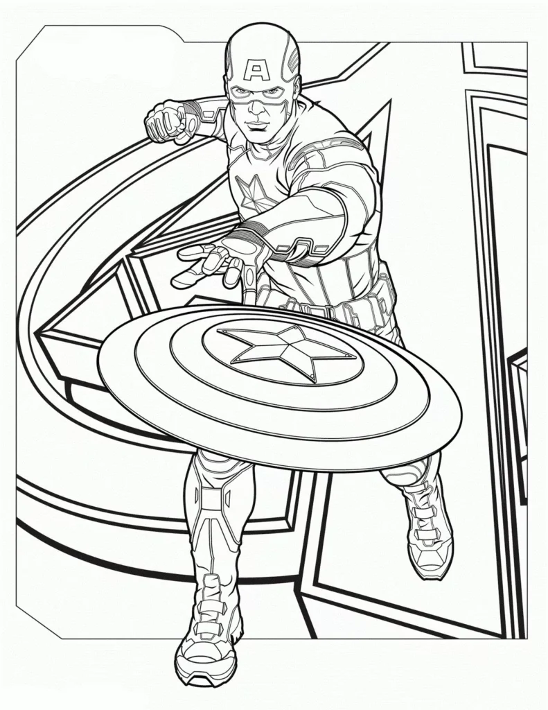 Capitão América em ação: Desenho para colorir do herói lançando seu escudo.