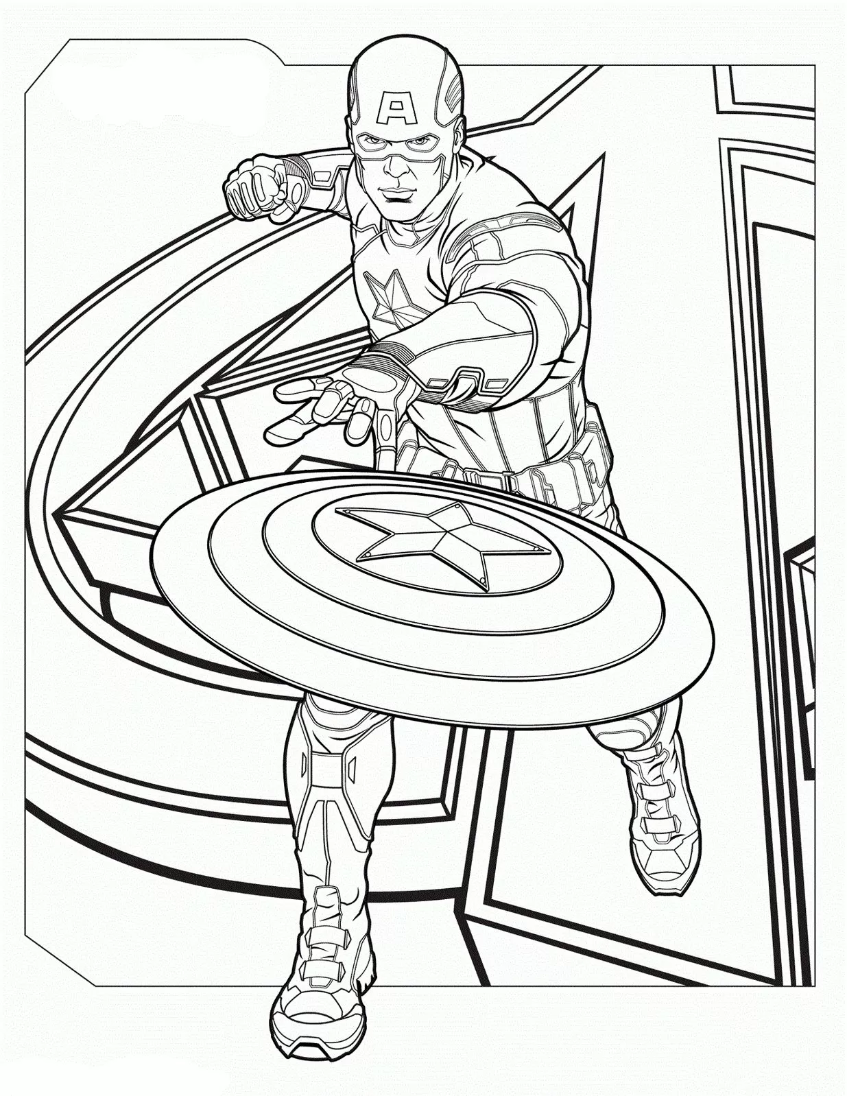 Desenhos do Capitão América em PDF para colorir Jogando o Escudo Capitão América em ação: Desenho para colorir do herói lançando seu escudo.