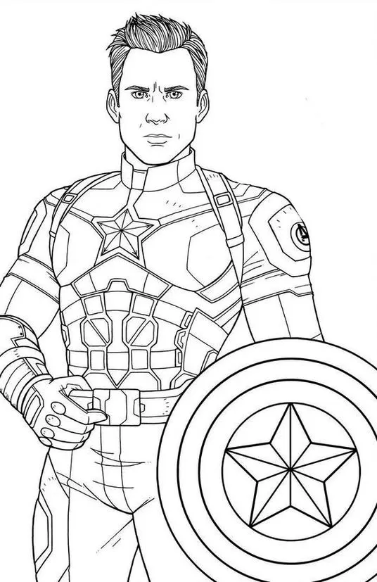 Capitão América sem máscara para colorir em PDF. Desenho do herói Steve Rogers com uniforme e escudo.
