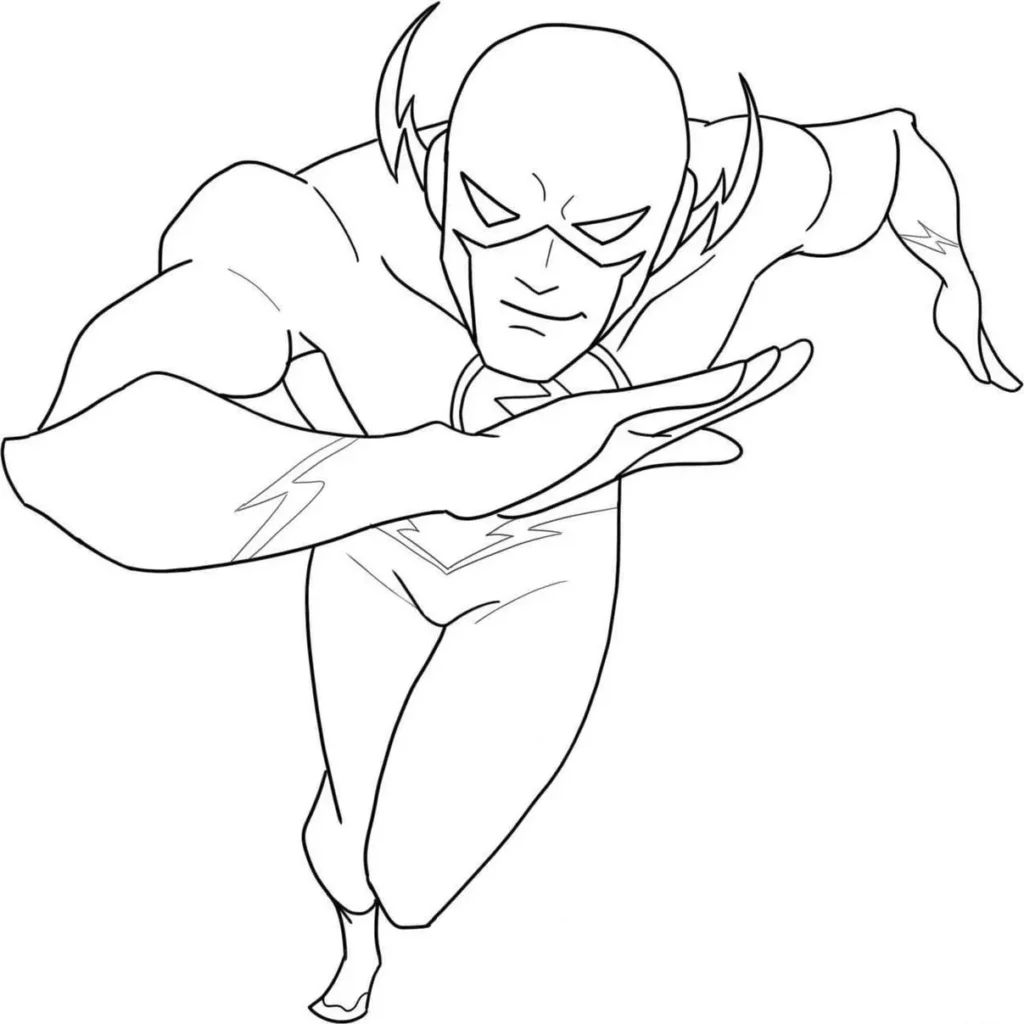 Desenhos do Flash em PDF para colorir Super Rápido Flash em alta velocidade para colorir em PDF. Herói em ação, traje com símbolo e máscara icônica.