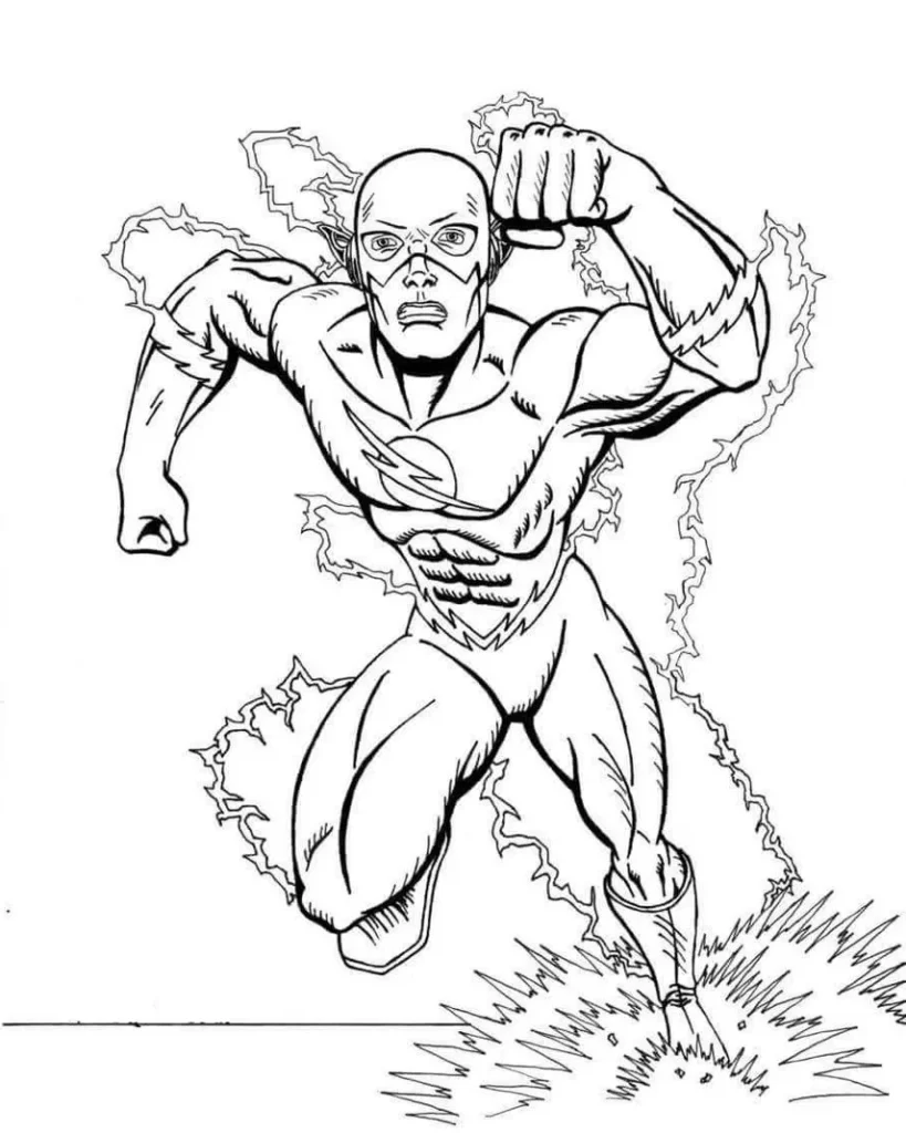 Desenhos do Flash em PDF para colorir Veloz Flash em alta velocidade: Desenho para colorir em PDF com o herói correndo e raios de energia.
