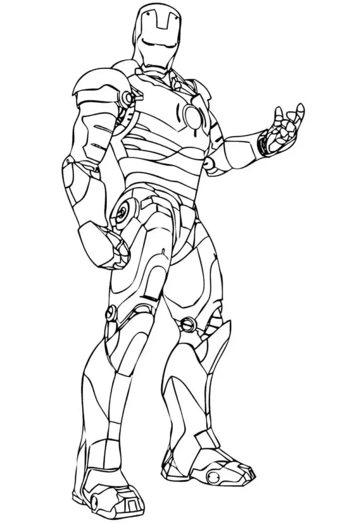 Desenhos do Homem de Ferro em PDF para colorir Em Pé Homem de Ferro para colorir: Desenho em pose de ação, armadura rica em detalhes.