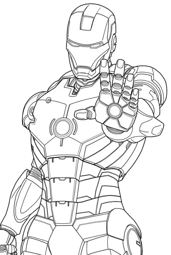 Desenhos do Homem de Ferro em PDF para colorir Pare Homem de Ferro em pose de 'pare' para colorir em PDF.