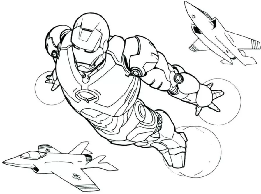 Desenhos do Homem de Ferro em PDF para colorir Voando com Aviões Homem de Ferro em ação aérea com aviões para colorir em PDF