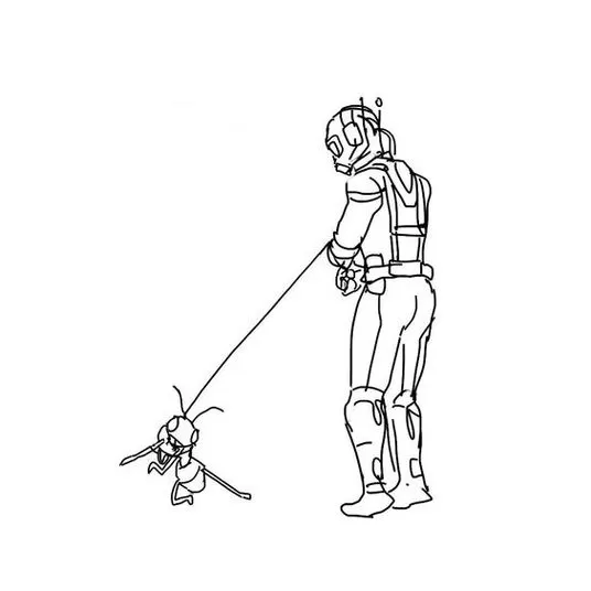 Homem-Formiga e formiga para colorir em PDF. Desenho do herói com coleira conectada a uma formiga com capacete, ambos sobre fundo branco.