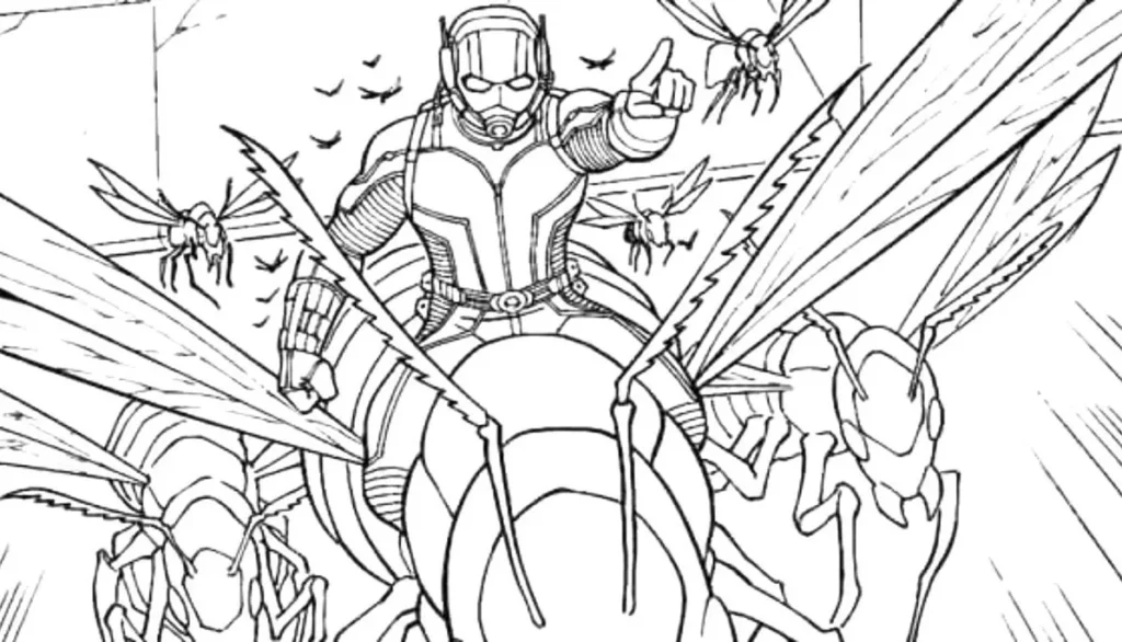 Homem-Formiga voando em formiga gigante: desenho para colorir em PDF.