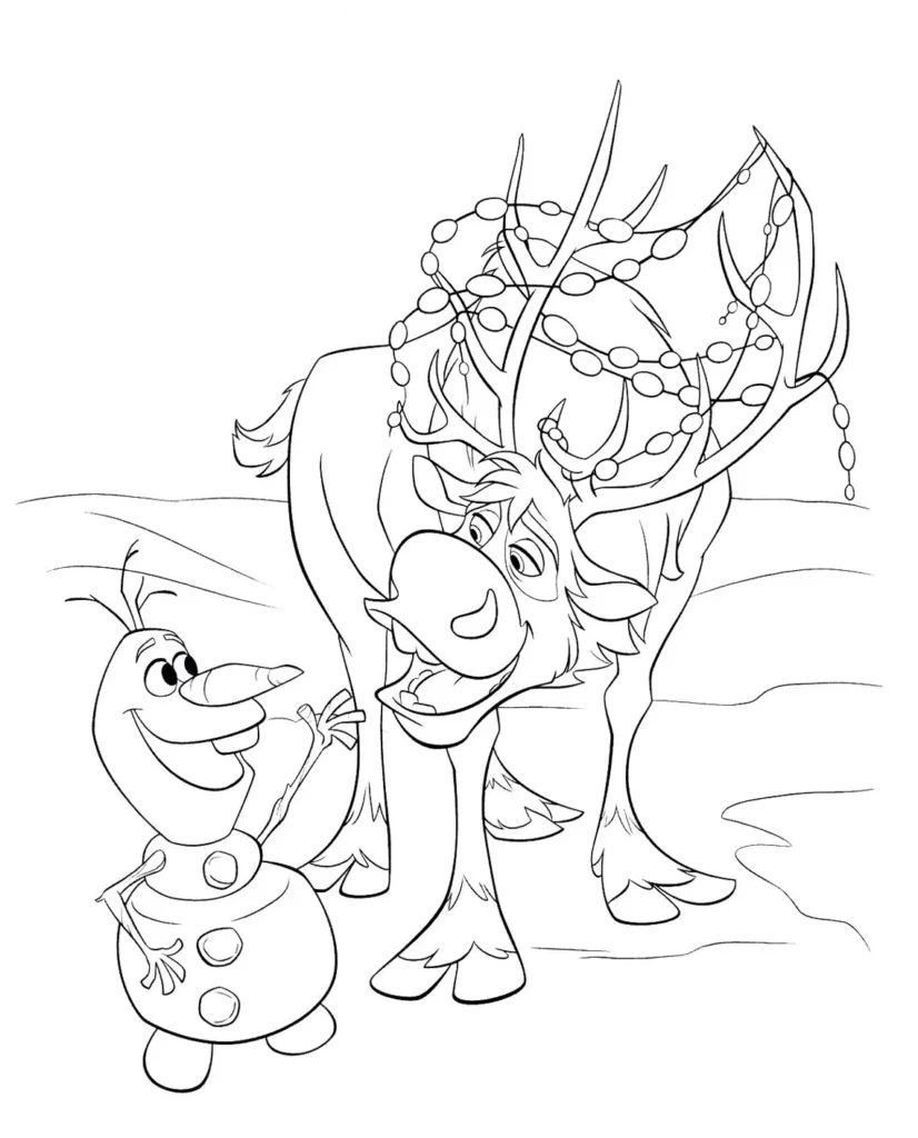 Olaf e Sven em cena alegre na neve para colorir em PDF