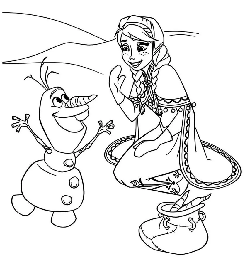 Anna de Frozen sorri para Olaf, que a recebe de braços abertos. Cenouras ao lado.