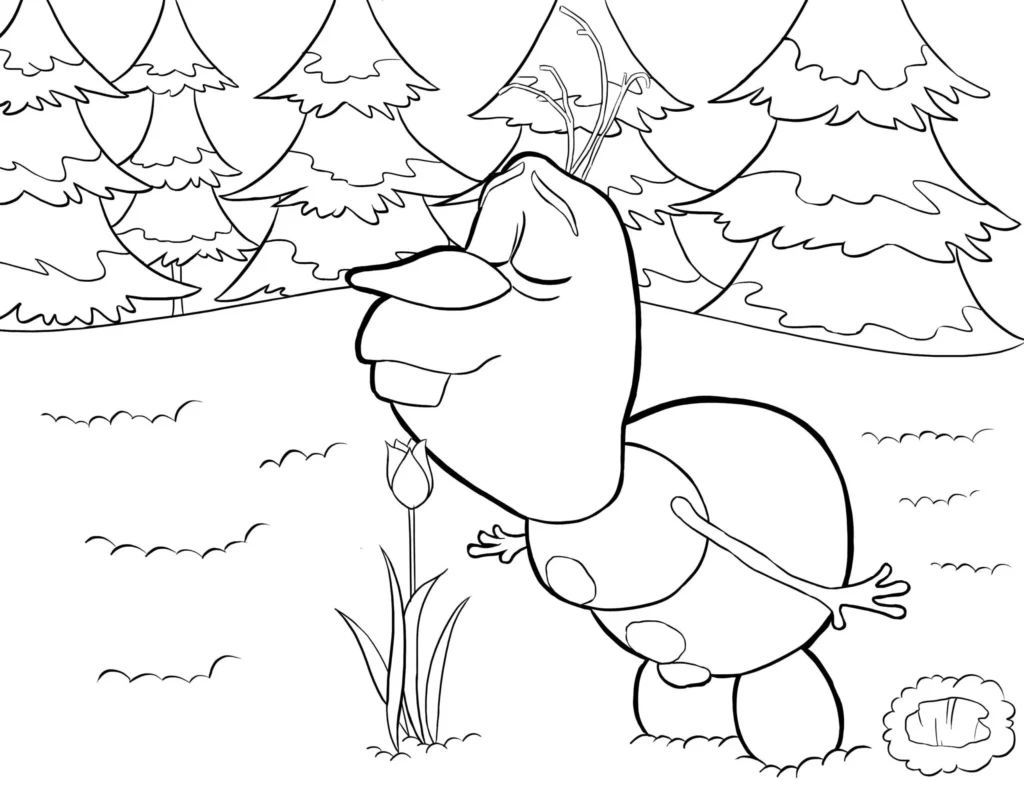 Olaf sorrindo com tulipa na floresta nevada (para colorir)