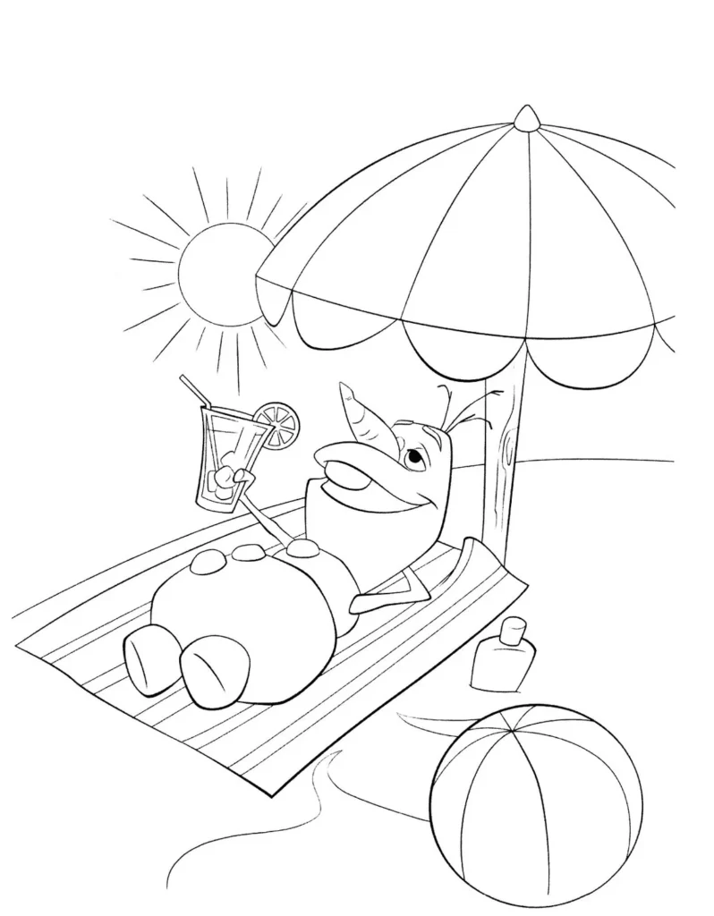 Olaf relaxando na praia: desenho para colorir em PDF