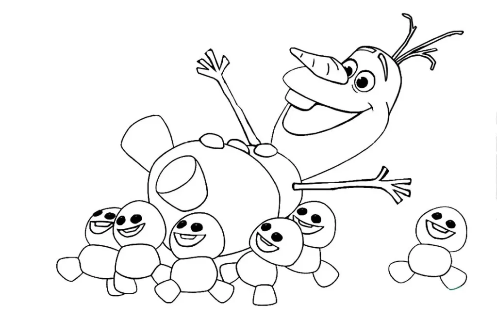 Olaf de Frozen cercado por bonecos de neve para colorir em PDF.