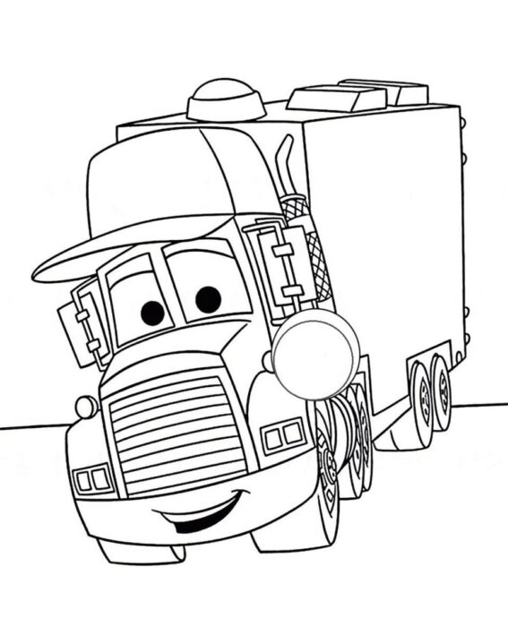 Relâmpago McQueen caminhão para colorir em PDF: Desenho divertido com boné e olhos grandes.