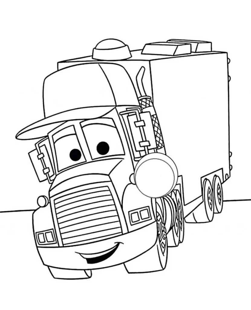 Relâmpago McQueen caminhão para colorir em PDF: Desenho divertido com boné e olhos grandes.