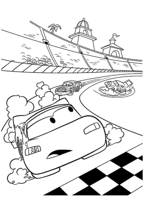 Relâmpago McQueen campeão para colorir em PDF: cena de corrida emocionante