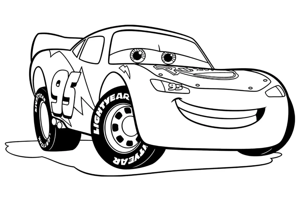Relâmpago McQueen para colorir em PDF: Carro de corrida com olhos expressivos e o número 95.