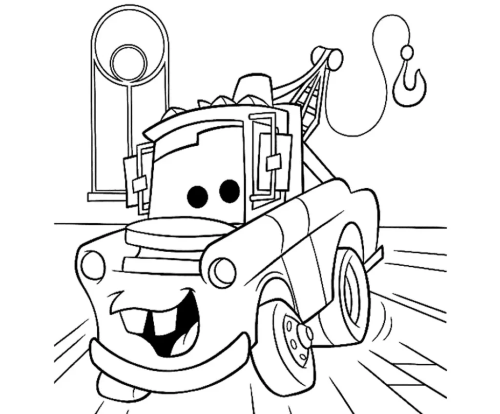 Desenho para colorir do guindaste de Relâmpago McQueen em PDF. Guindaste sorrindo com gancho e estrutura ao fundo.