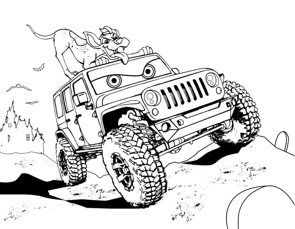 Desenho do Relâmpago McQueen Monster para colorir em PDF: jipe cartoon com pneus grandes e cão subindo colina, castelo gótico ao fundo.