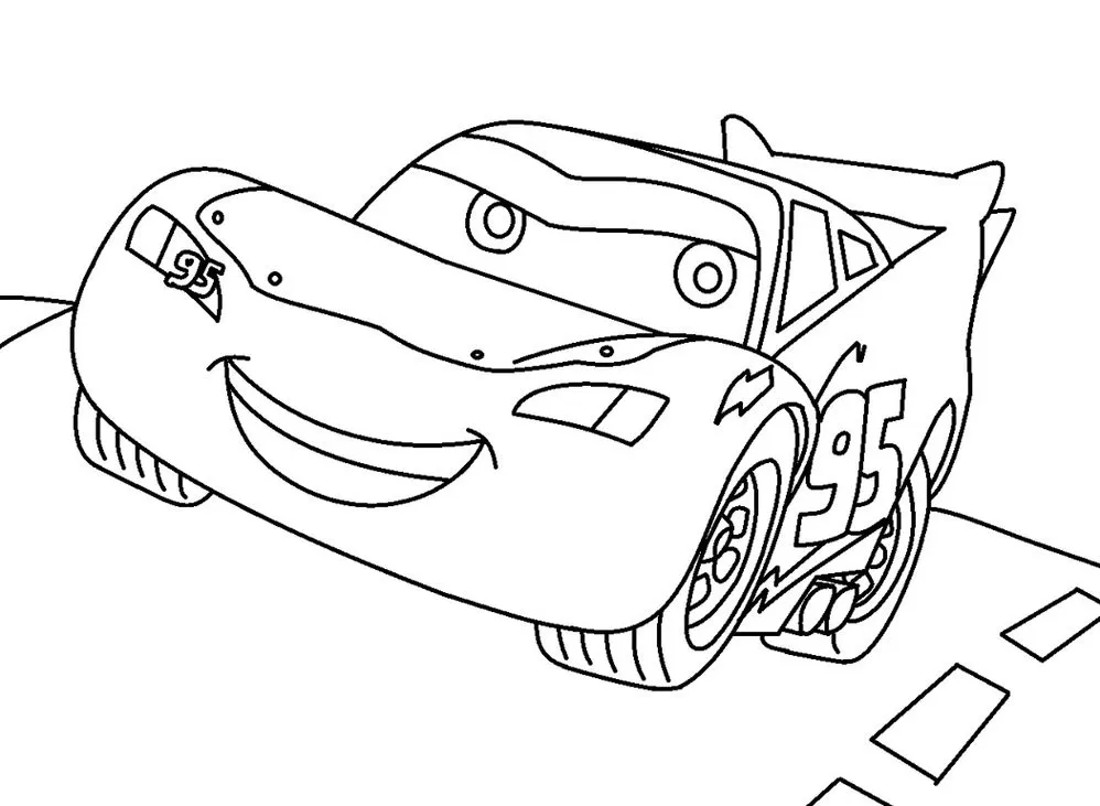 Relâmpago McQueen em alta velocidade para colorir em PDF. Carro de corrida número 95 sorrindo na estrada.