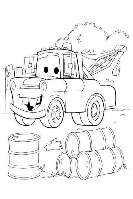 Desenho do Mate, caminhão de reboque da animação Carros, sorrindo em cenário com barris de óleo.