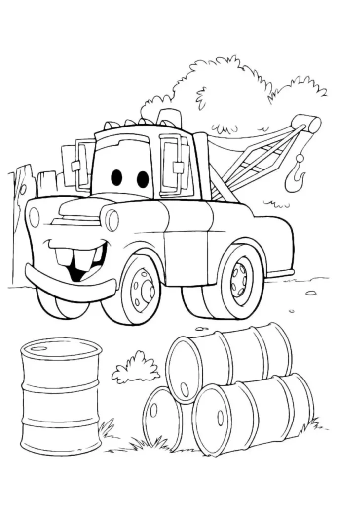 Desenho do Mate, caminhão de reboque da animação Carros, sorrindo em cenário com barris de óleo.