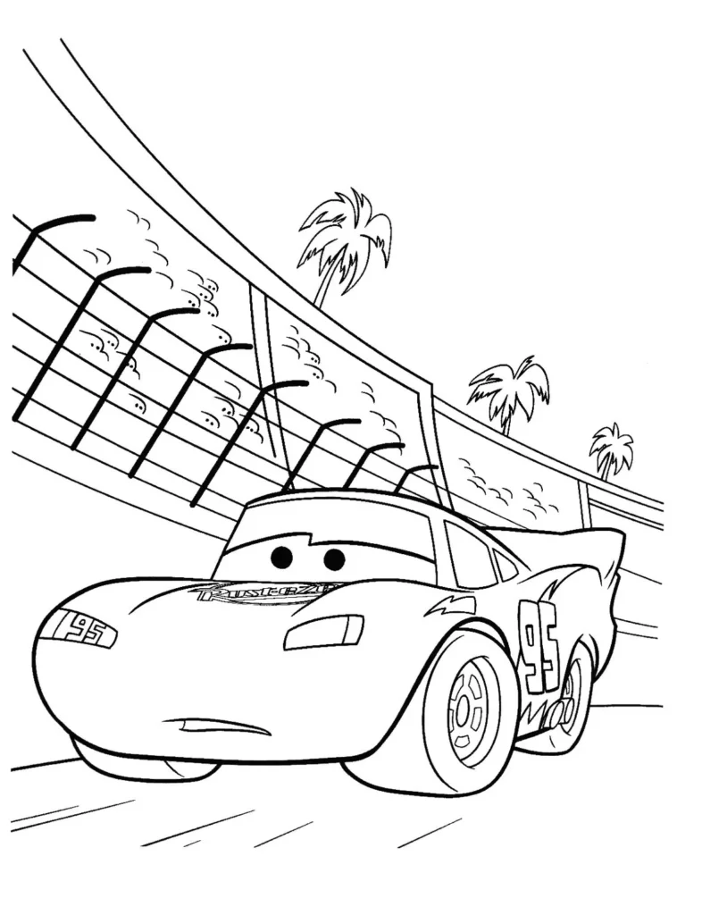 Relâmpago McQueen para colorir: Desenho do carro 95 triste na pista de corrida.