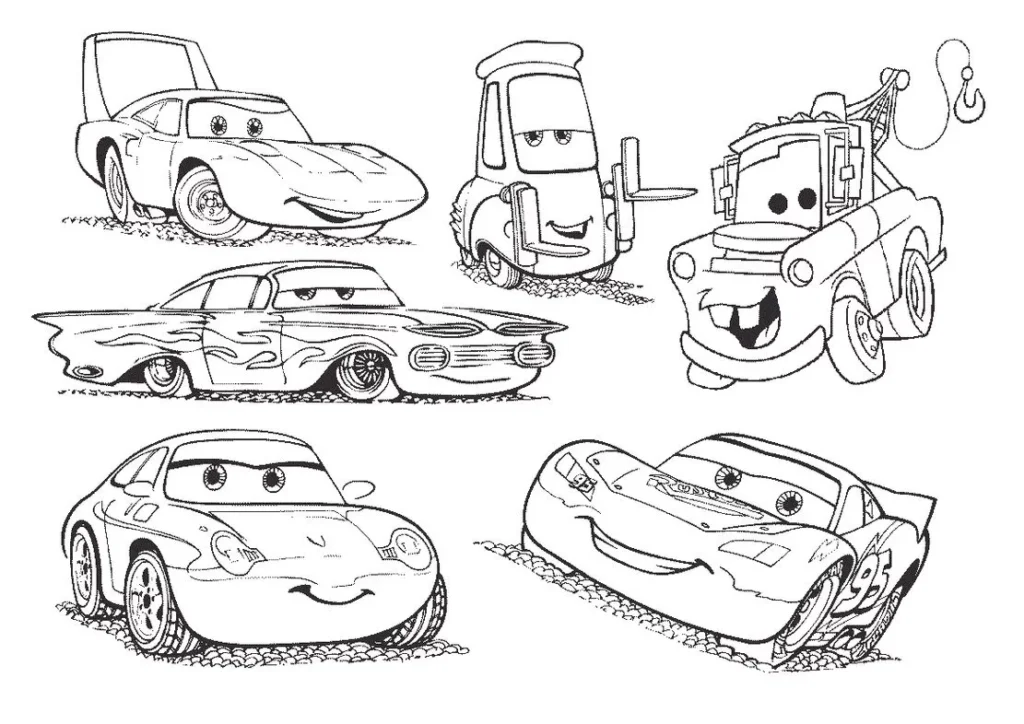 Desenhos do Relâmpago McQueen e outros carros para colorir em PDF